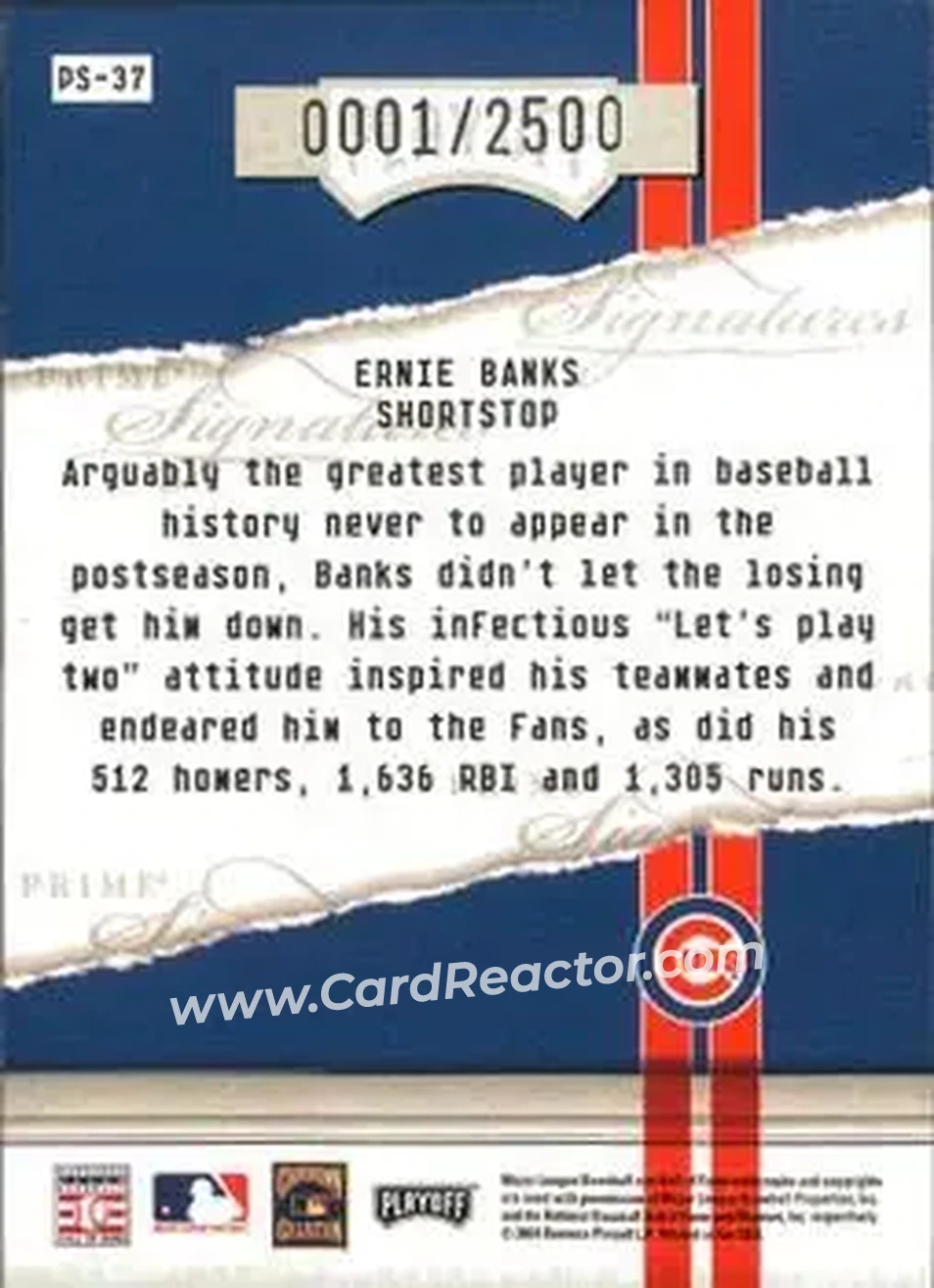 2004 Playoff Honors - Prime Signatures #PS-37 - Ernie Banks - Chicago Cubs - Back