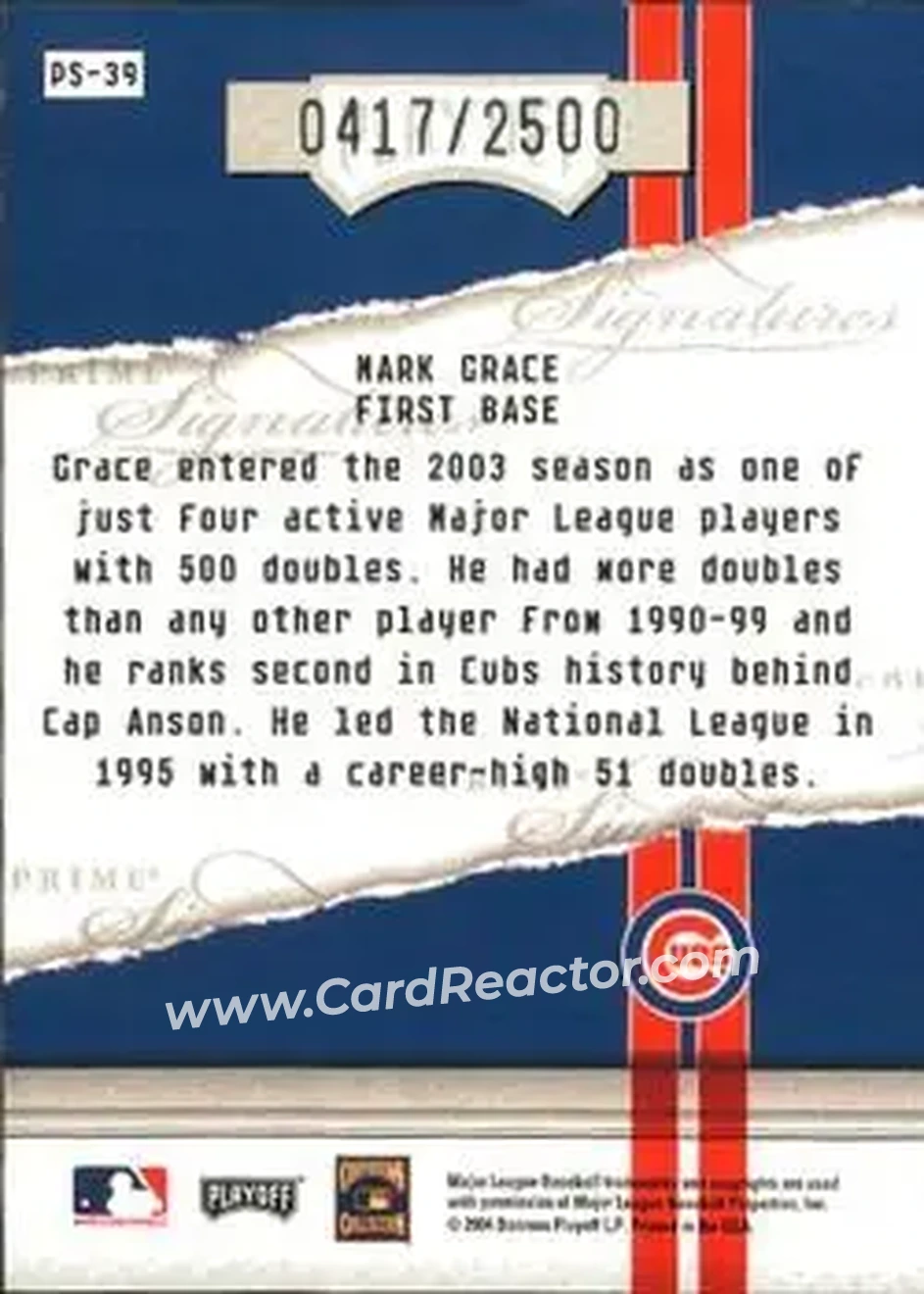 2004 Playoff Honors - Prime Signatures #PS-39 - Mark Grace - Chicago Cubs - Back