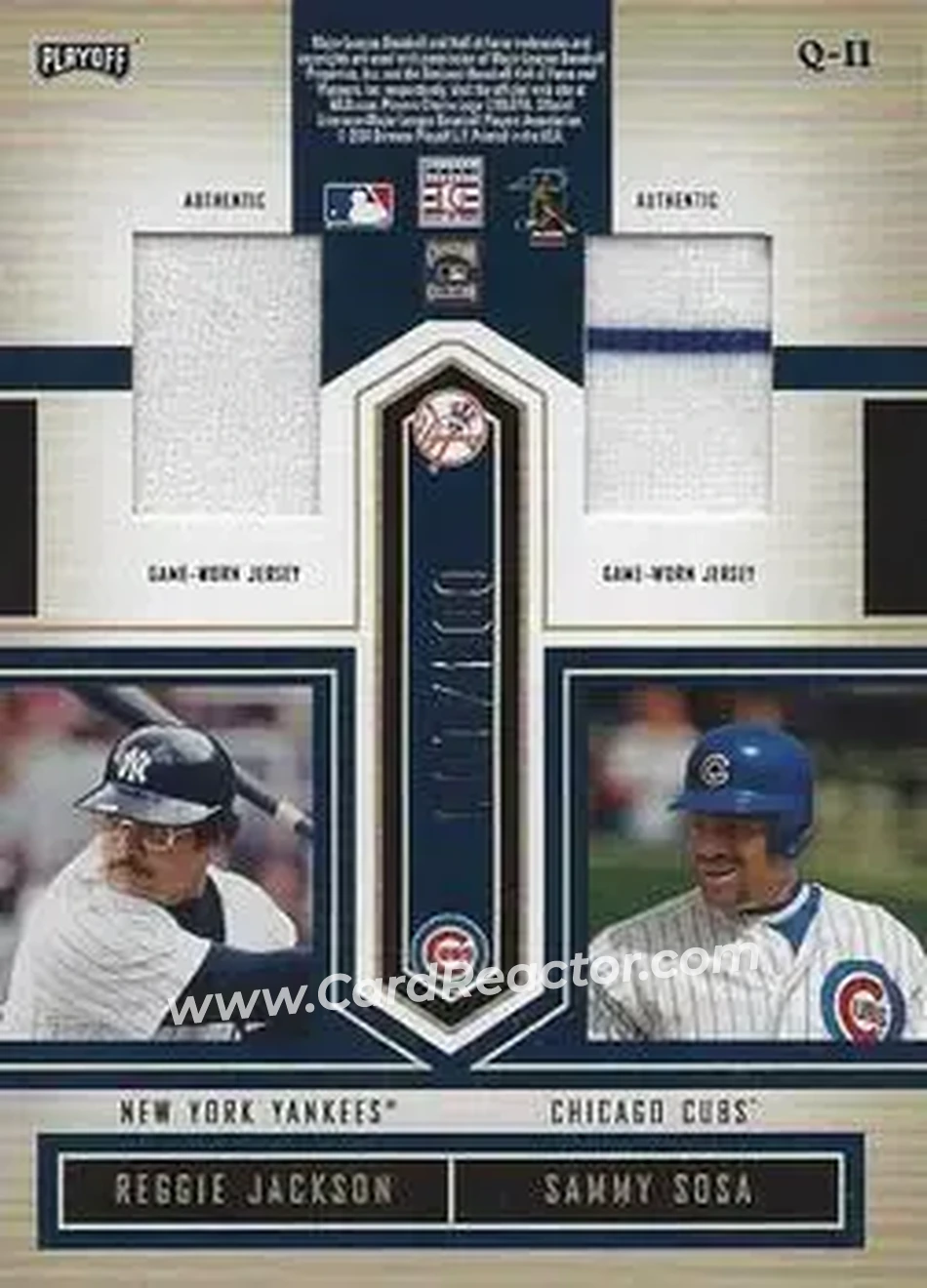 2004 Playoff Honors - Quad Material #Q-11 - Harmon Killebrew - Reggie Jackson - Mike Schmidt - Sammy Sosa - Back 2004 Playoff Honors - Quad Material #Q-11 - Harmon Killebrew - Reggie Jackson - Mike Schmidt - Sammy Sosa - Back