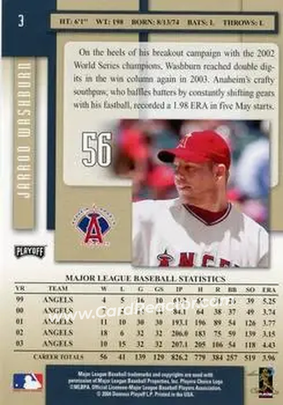 2004 Playoff Prestige #3 - Jarrod Washburn - Anaheim Angels - Back 2004 Playoff Prestige #3 - Jarrod Washburn - Anaheim Angels - Back