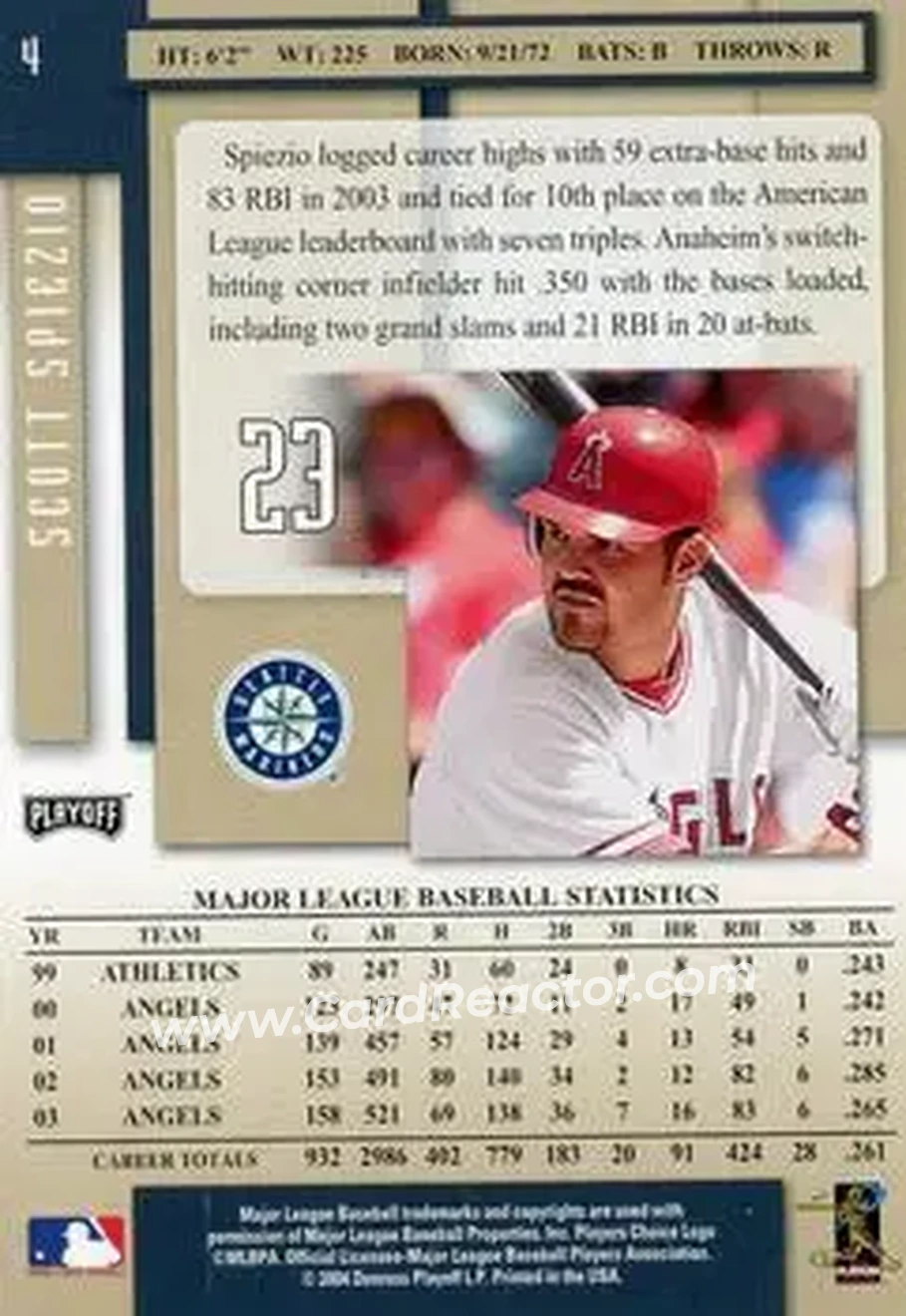 2004 Playoff Prestige #4 - Scott Spiezio - Seattle Mariners - Back 2004 Playoff Prestige #4 - Scott Spiezio - Seattle Mariners - Back
