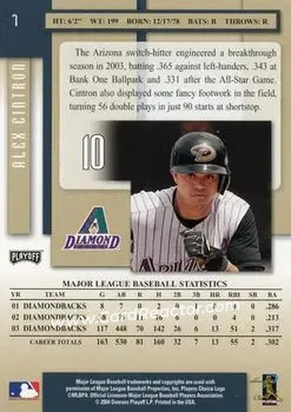 2004 Playoff Prestige #7 - Alex Cintron - Arizona Diamondbacks - Back