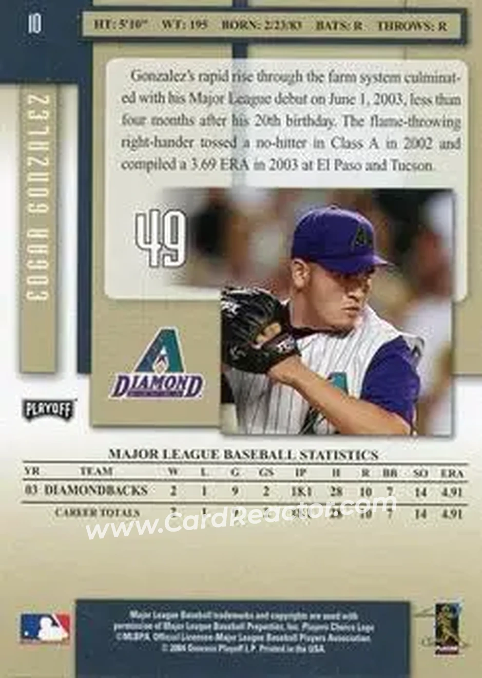 2004 Playoff Prestige #10 - Edgar Gonzalez - Arizona Diamondbacks - Back