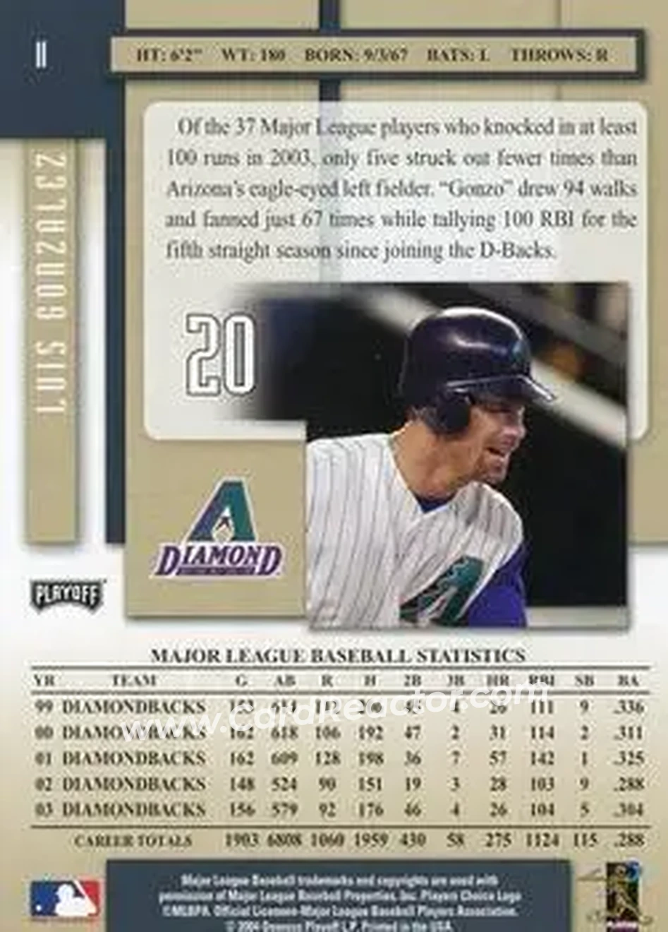 2004 Playoff Prestige #11 - Luis Gonzalez - Arizona Diamondbacks - Back 2004 Playoff Prestige #11 - Luis Gonzalez - Arizona Diamondbacks - Back