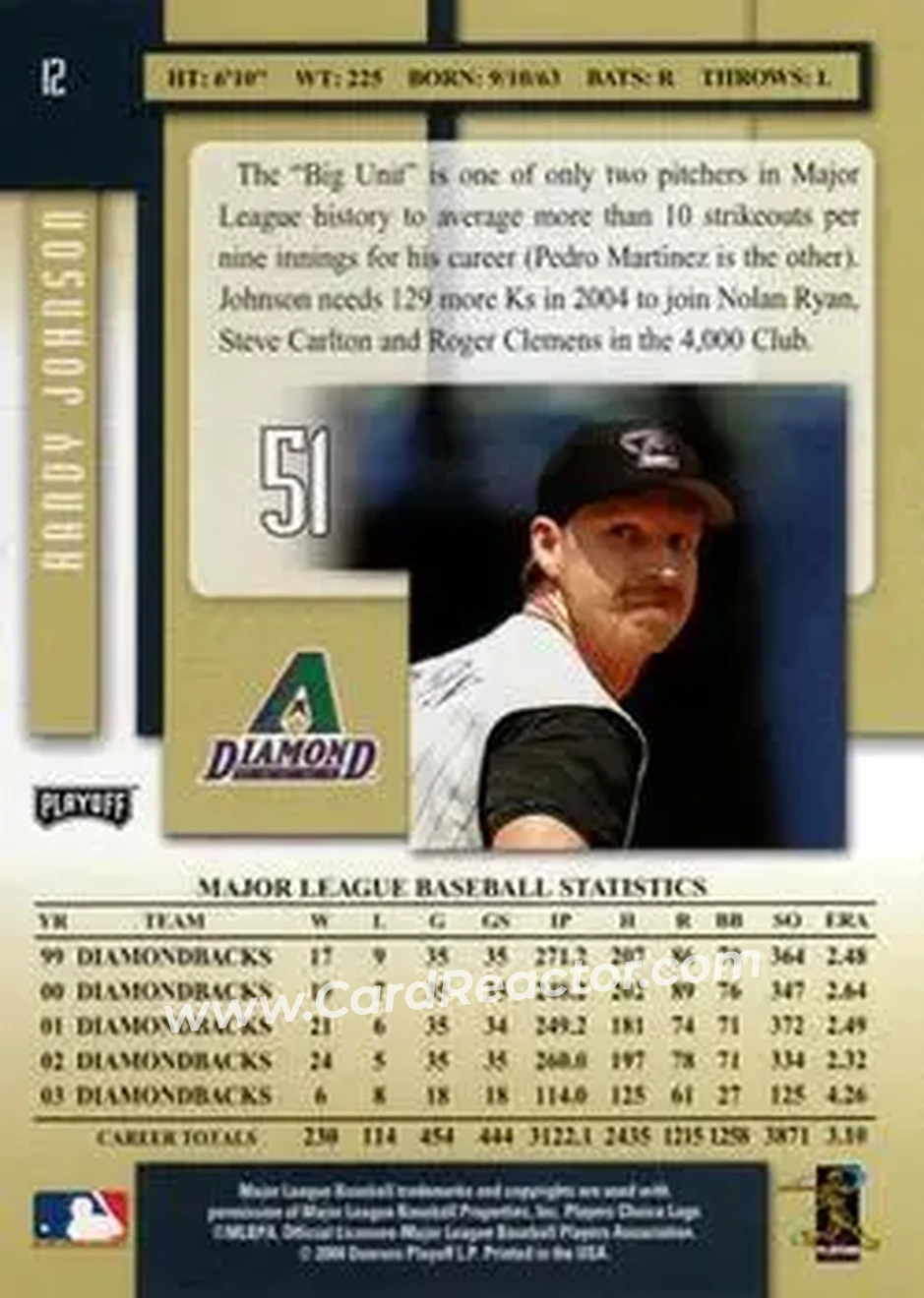 2004 Playoff Prestige #12 - Randy Johnson - Arizona Diamondbacks - Back 2004 Playoff Prestige #12 - Randy Johnson - Arizona Diamondbacks - Back