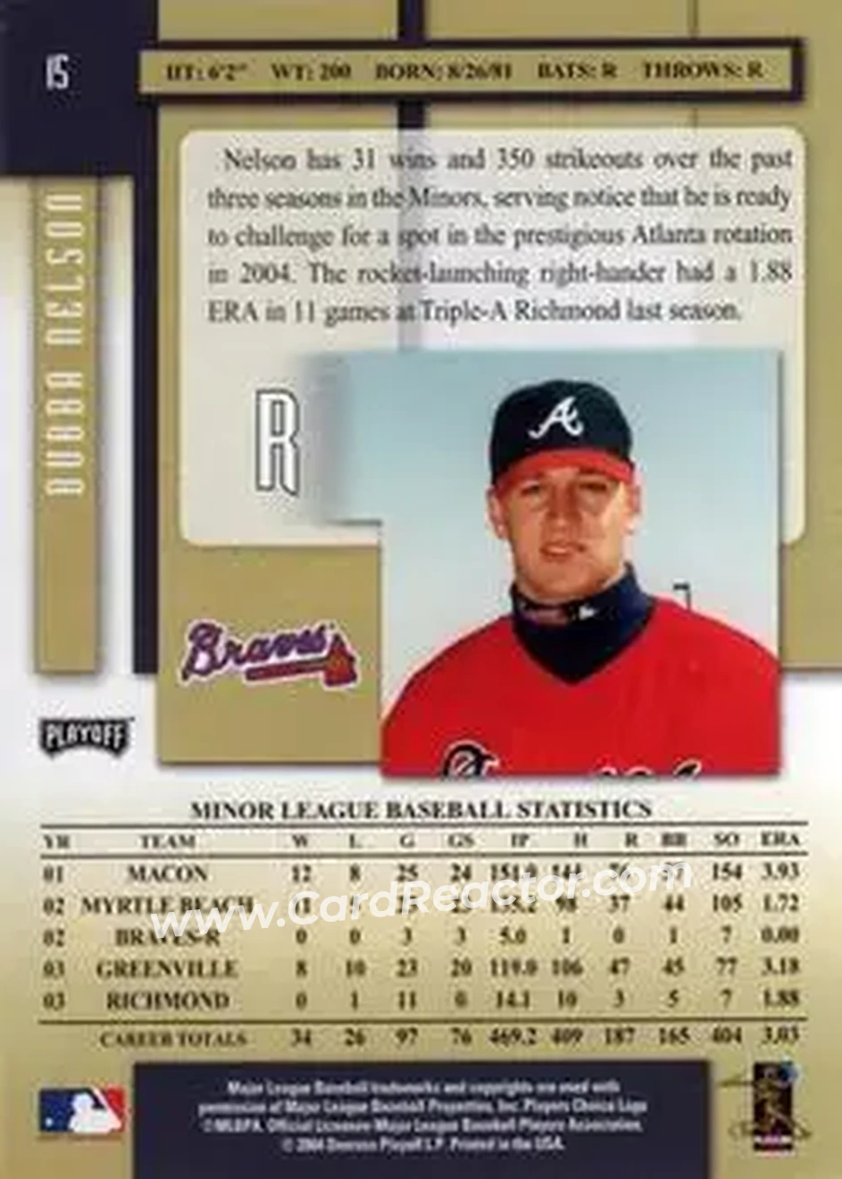 2004 Playoff Prestige #15 - Bubba Nelson - Atlanta Braves - Back