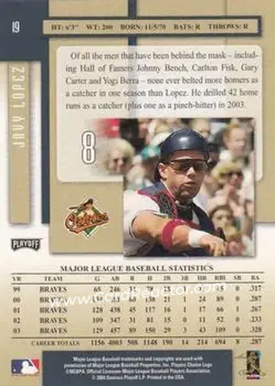 2004 Playoff Prestige #19 - Javier Lopez - Baltimore Orioles - Back