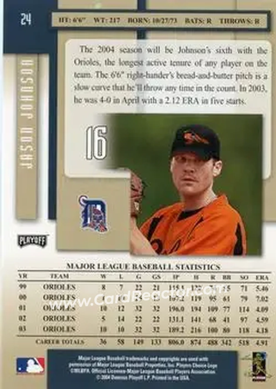 2004 Playoff Prestige #24 - Jason Johnson - Detroit Tigers - Back