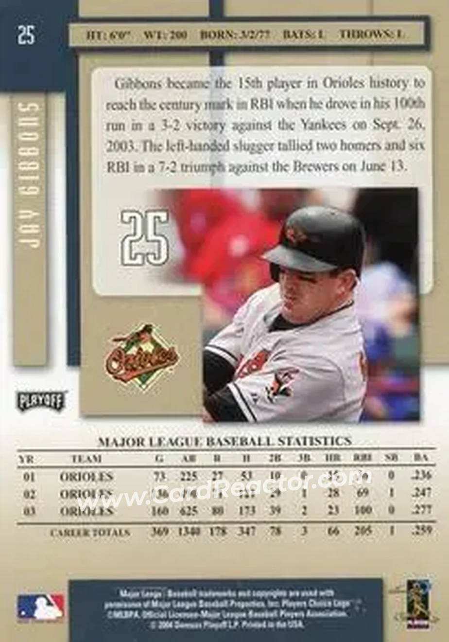 2004 Playoff Prestige #25 - Jay Gibbons - Baltimore Orioles - Back 2004 Playoff Prestige #25 - Jay Gibbons - Baltimore Orioles - Back