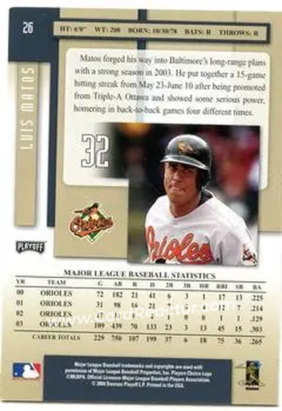 2004 Playoff Prestige #26 - Luis Matos - Baltimore Orioles - Back