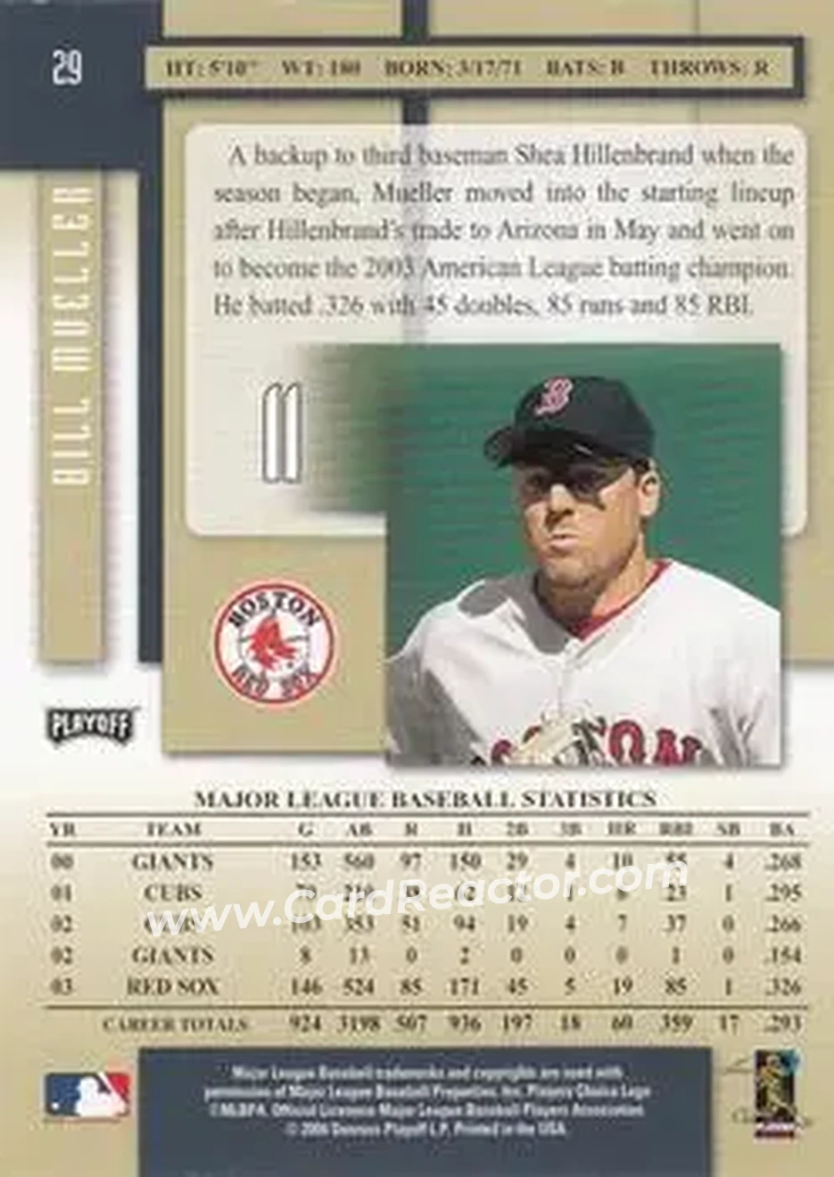 2004 Playoff Prestige #29 - Bill Mueller - Boston Red Sox - Back