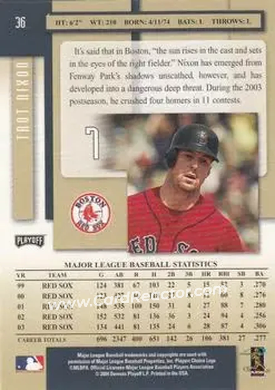 2004 Playoff Prestige #36 - Trot Nixon - Boston Red Sox - Back 2004 Playoff Prestige #36 - Trot Nixon - Boston Red Sox - Back
