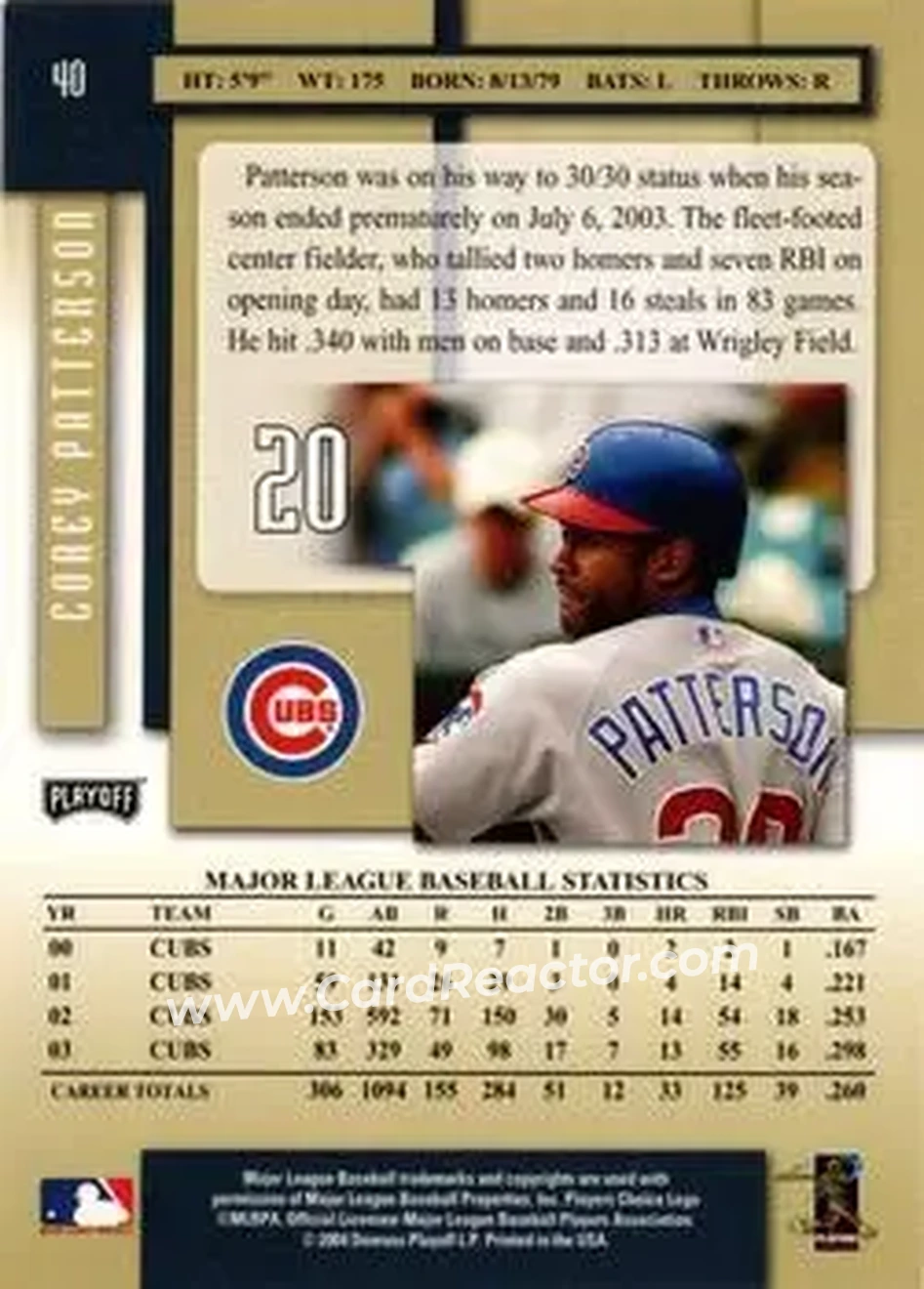 2004 Playoff Prestige #40 - Corey Patterson - Chicago Cubs - Back