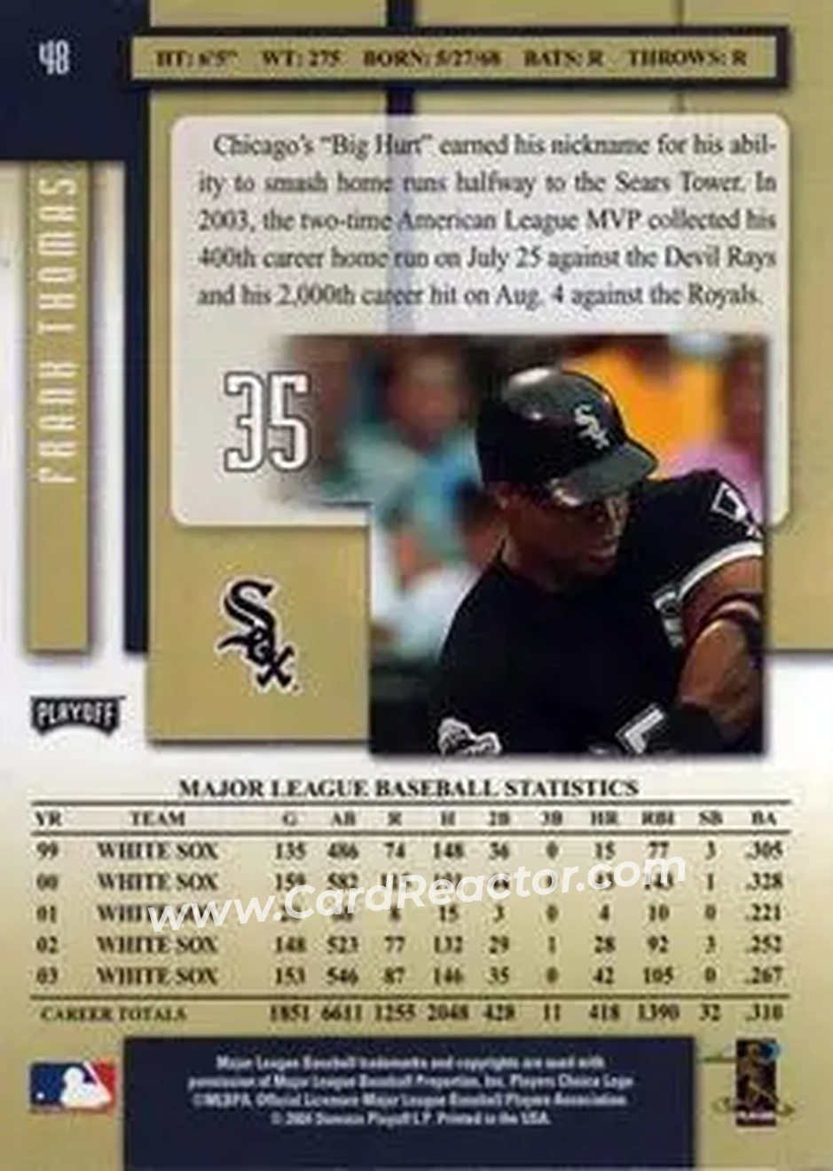 2004 Playoff Prestige #48 - Frank Thomas - Chicago White Sox - Back