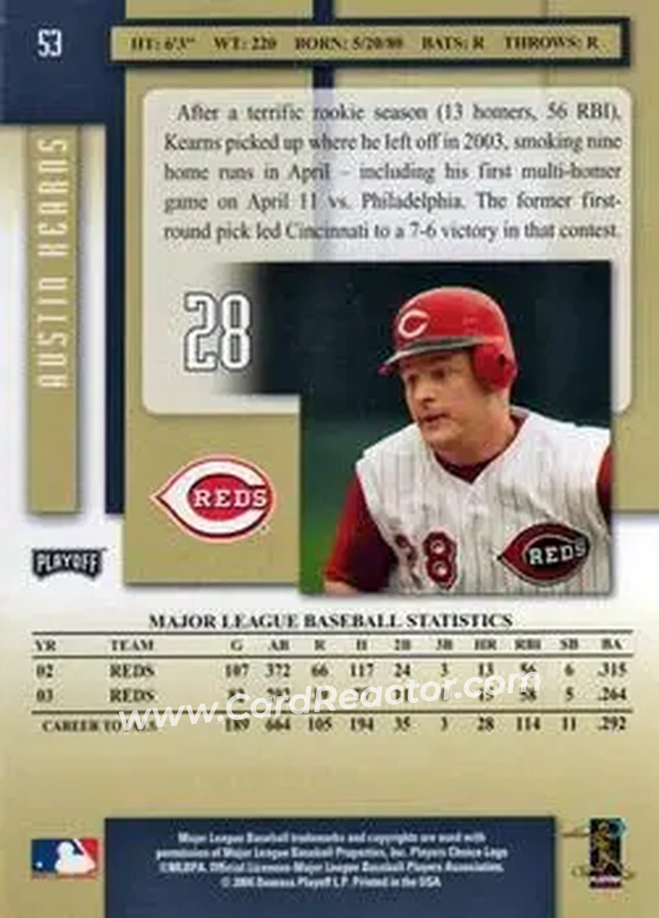 2004 Playoff Prestige #53 - Austin Kearns - Cincinnati Reds - Back 2004 Playoff Prestige #53 - Austin Kearns - Cincinnati Reds - Back