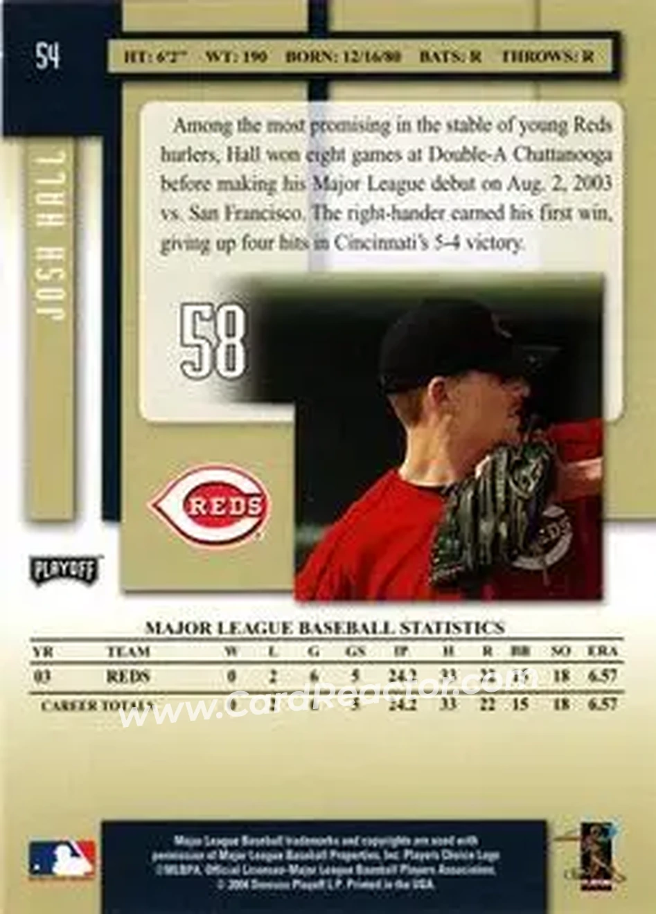 2004 Playoff Prestige #54 - Josh Hall - Cincinnati Reds - Back