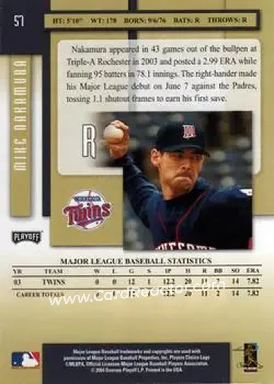2004 Playoff Prestige #57 - Micheal Nakamura - Minnesota Twins - Back 2004 Playoff Prestige #57 - Micheal Nakamura - Minnesota Twins - Back