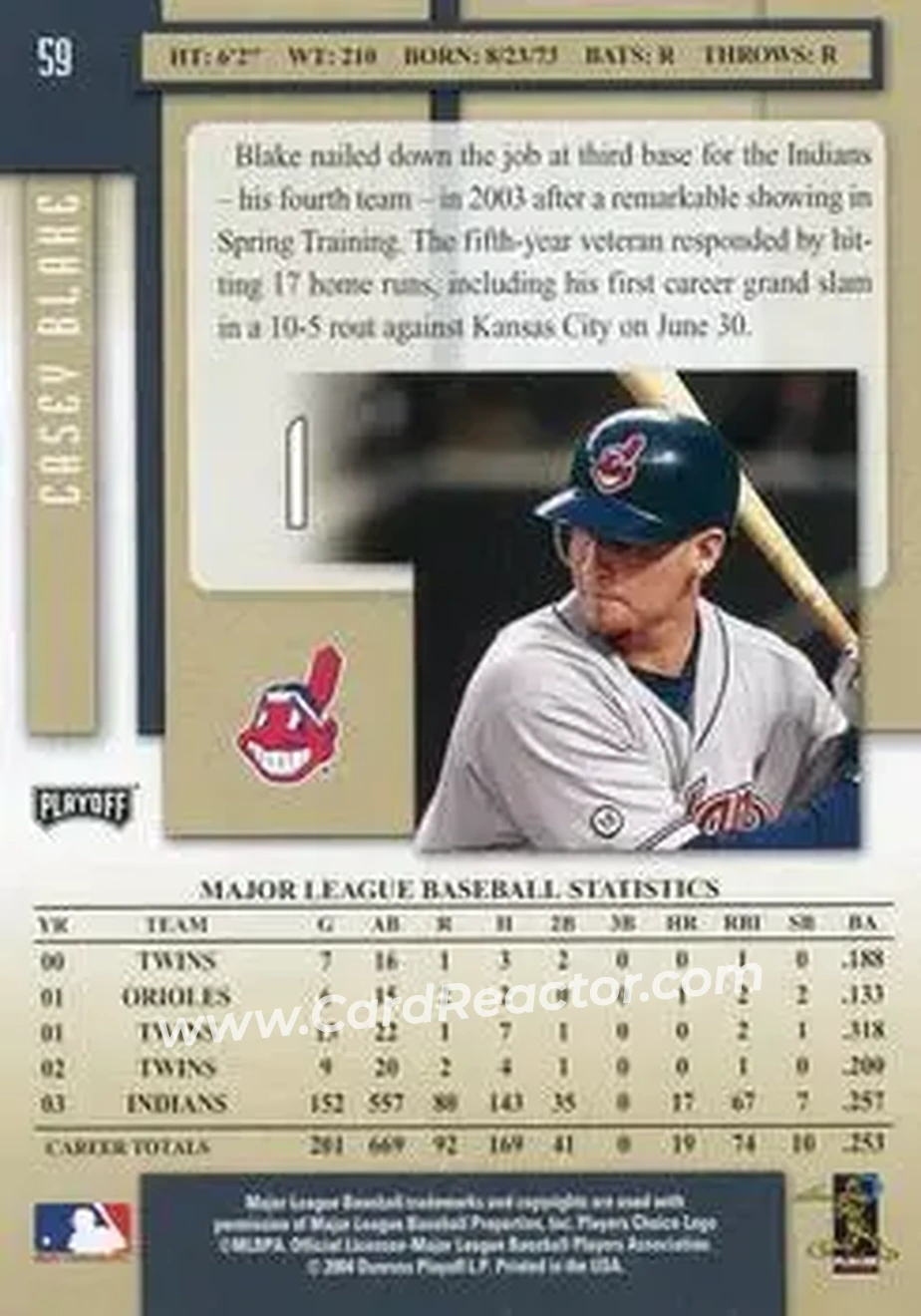 2004 Playoff Prestige #59 - Casey Blake - Cleveland Indians - Back 2004 Playoff Prestige #59 - Casey Blake - Cleveland Indians - Back