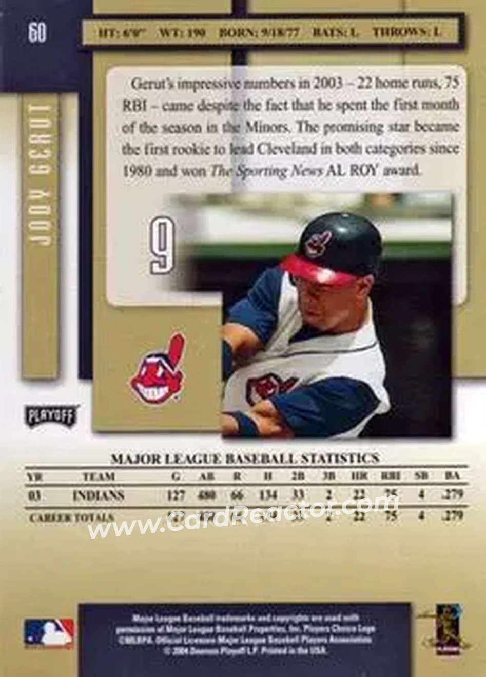 2004 Playoff Prestige #60 - Jody Gerut - Cleveland Indians - Back 2004 Playoff Prestige #60 - Jody Gerut - Cleveland Indians - Back