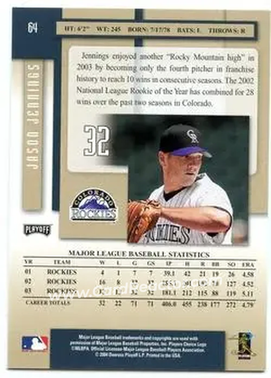 2004 Playoff Prestige #64 - Jason Jennings - Colorado Rockies - Back