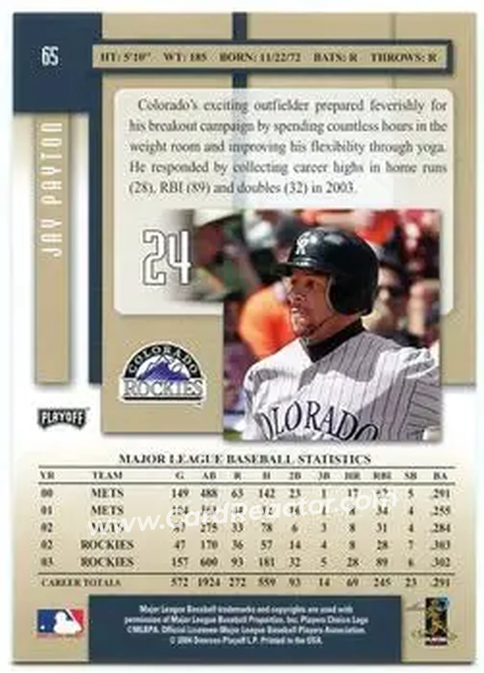 2004 Playoff Prestige #65 - Jay Payton - Colorado Rockies - Back 2004 Playoff Prestige #65 - Jay Payton - Colorado Rockies - Back