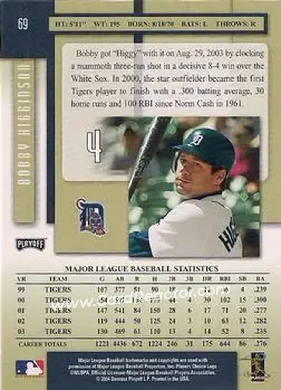 2004 Playoff Prestige #69 - Bobby Higginson - Detroit Tigers - Back