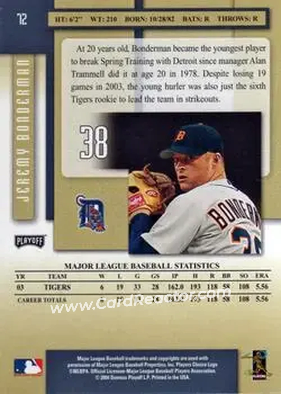 2004 Playoff Prestige #72 - Jeremy Bonderman - Detroit Tigers - Back