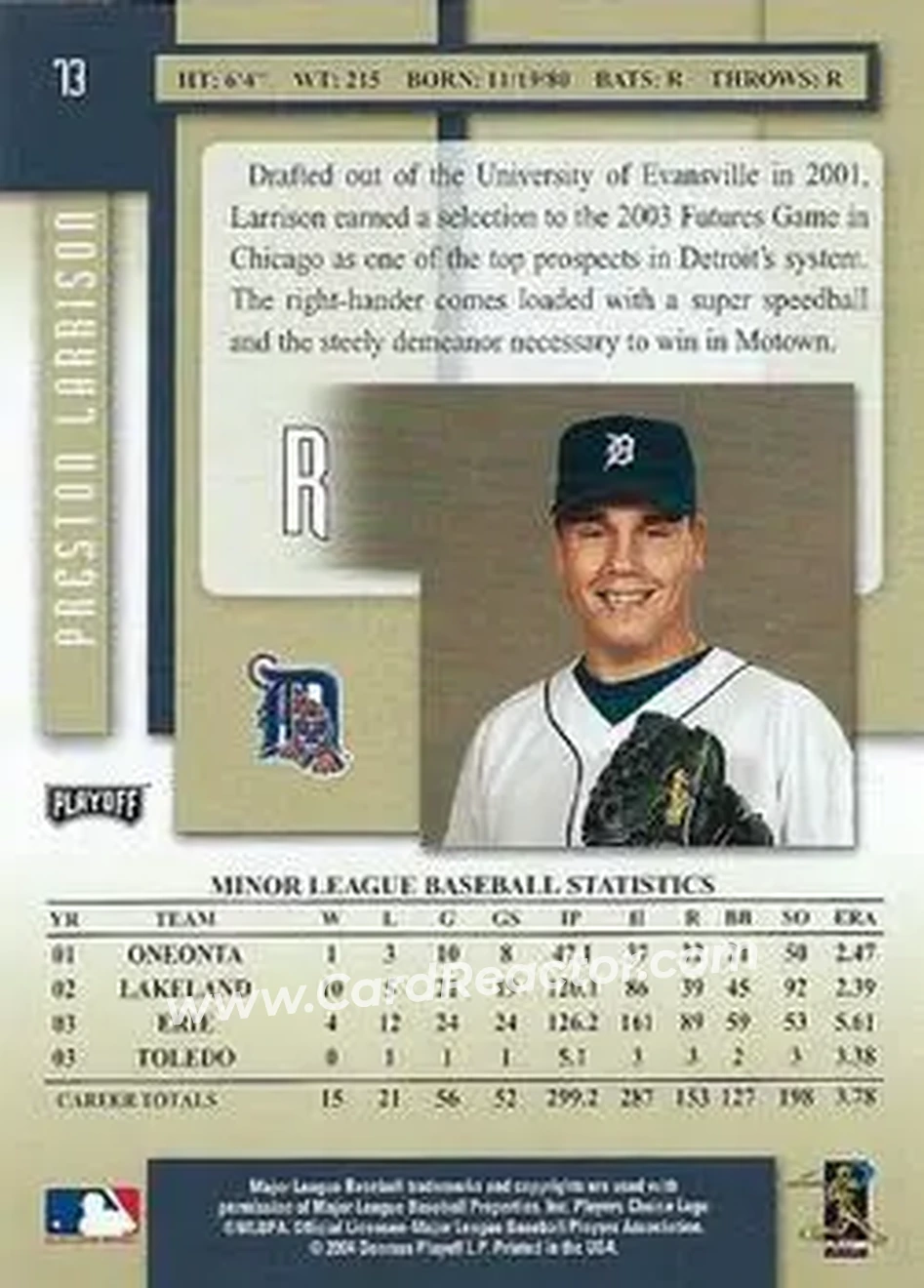 2004 Playoff Prestige #73 - Preston Larrison - Detroit Tigers - Back