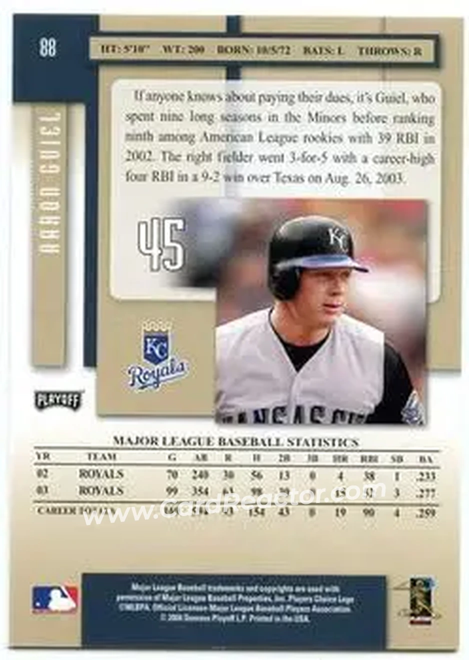 2004 Playoff Prestige #88 - Aaron Guiel - Kansas City Royals - Back