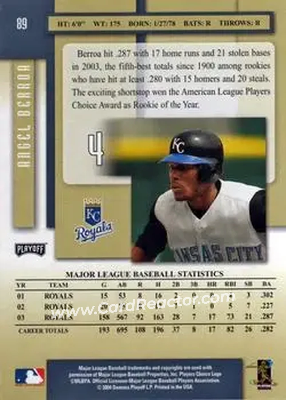 2004 Playoff Prestige #89 - Angel Berroa - Kansas City Royals - Back 2004 Playoff Prestige #89 - Angel Berroa - Kansas City Royals - Back