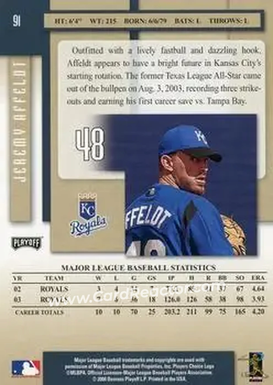 2004 Playoff Prestige #91 - Jeremy Affeldt - Kansas City Royals - Back 2004 Playoff Prestige #91 - Jeremy Affeldt - Kansas City Royals - Back