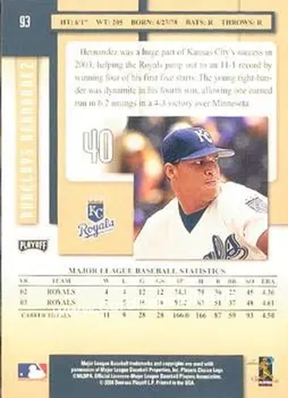 2004 Playoff Prestige #93 - Runelvys Hernandez - Kansas City Royals - Back