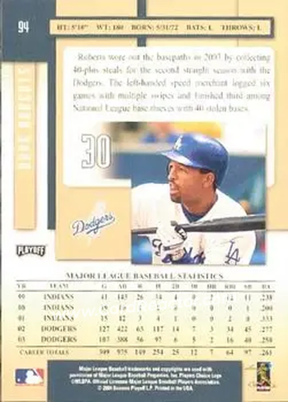 2004 Playoff Prestige #94 - Dave Roberts - Los Angeles Dodgers - Back