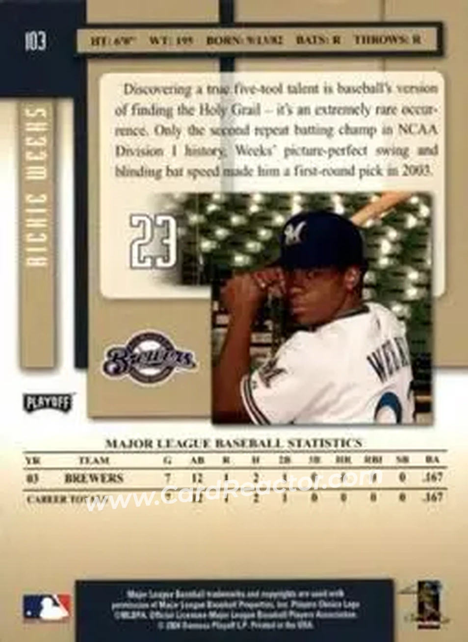 2004 Playoff Prestige #103 - Rickie Weeks - Milwaukee Brewers - Back