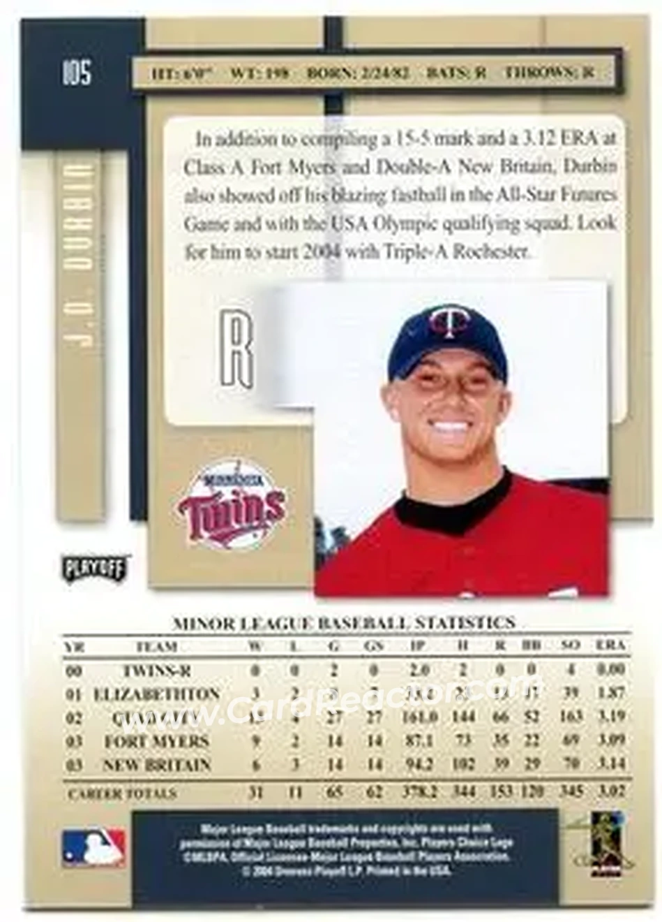 2004 Playoff Prestige #105 - J.D. Durbin - Minnesota Twins - Back 2004 Playoff Prestige #105 - J.D. Durbin - Minnesota Twins - Back