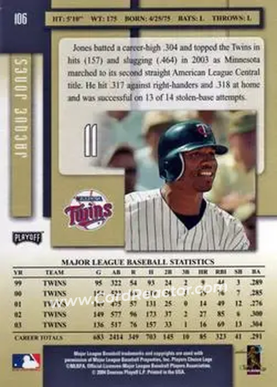 2004 Playoff Prestige #106 - Jacque Jones - Minnesota Twins - Back
