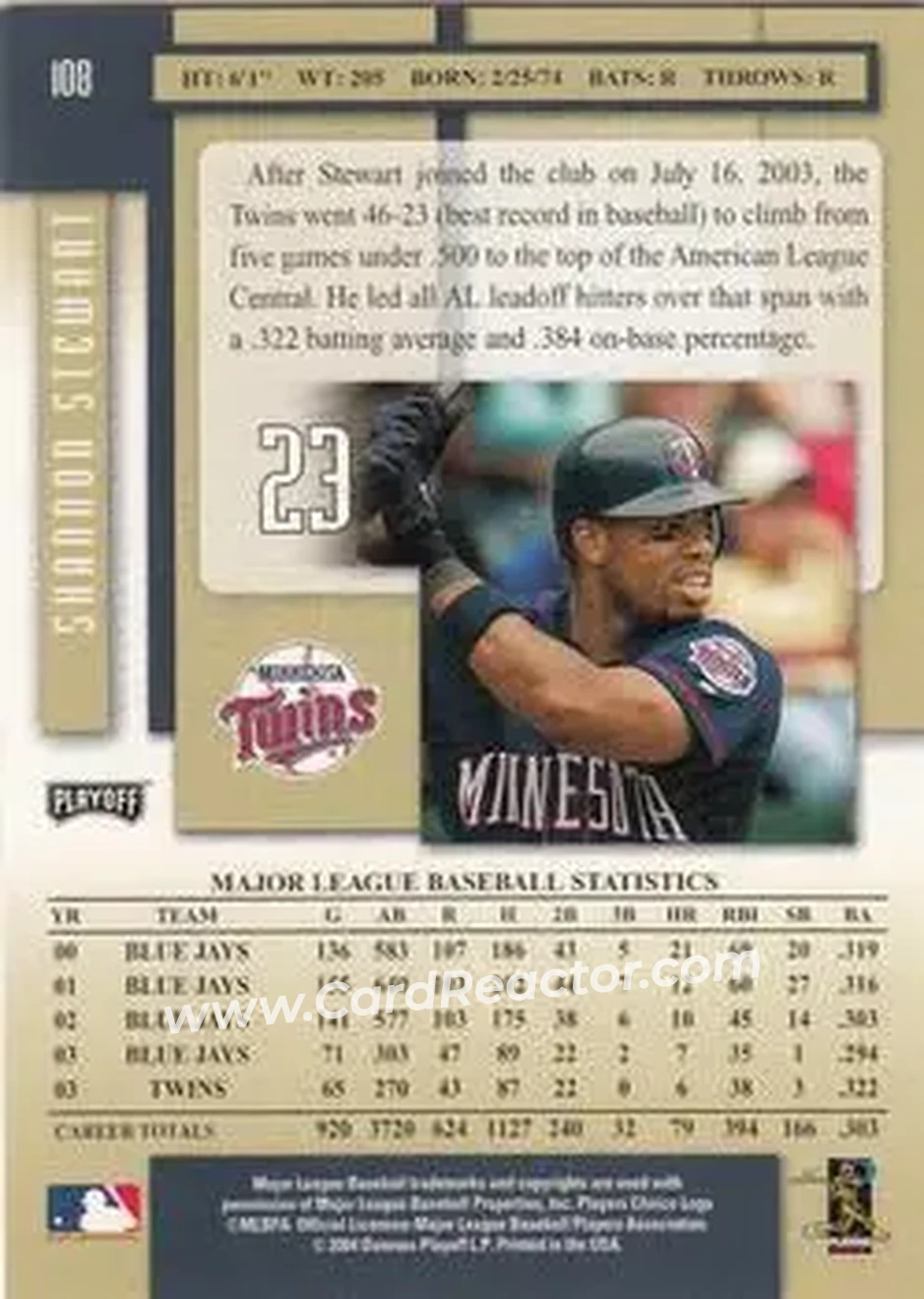 2004 Playoff Prestige #108 - Shannon Stewart - Minnesota Twins - Back