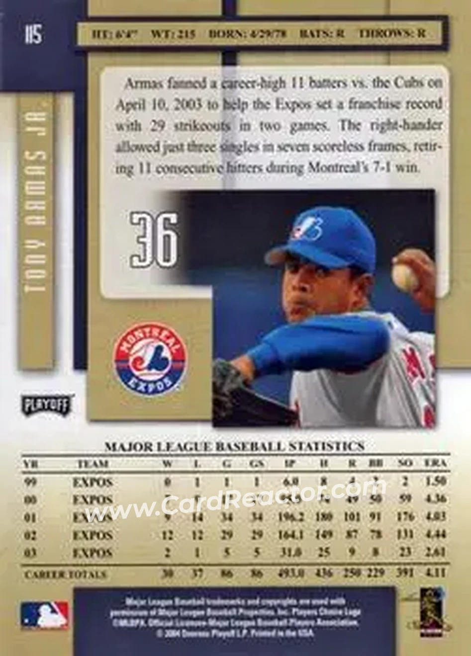 2004 Playoff Prestige #115 - Tony Armas, Jr. - Montreal Expos - Back