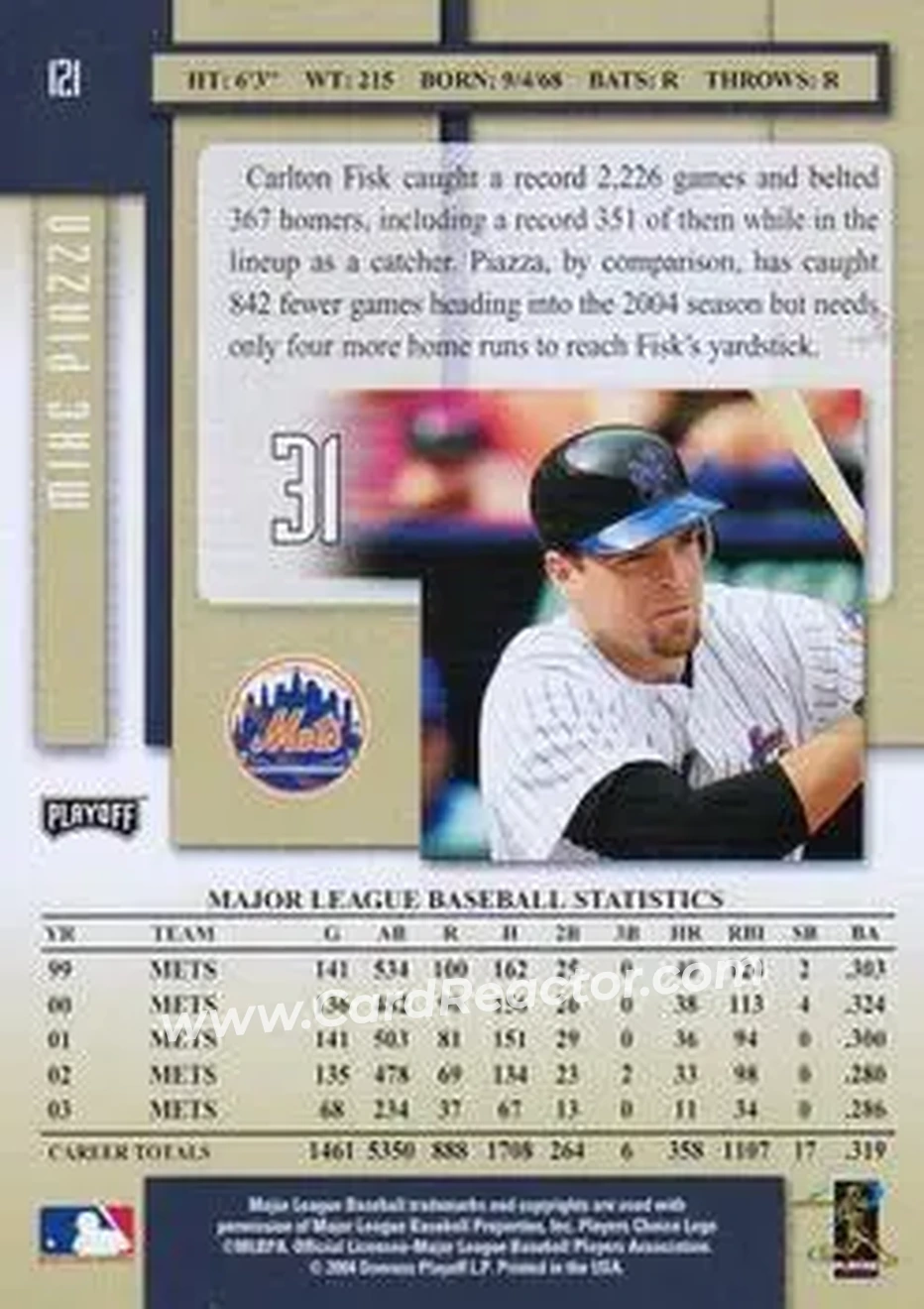 2004 Playoff Prestige #121 - Mike Piazza - New York Mets - Back 2004 Playoff Prestige #121 - Mike Piazza - New York Mets - Back