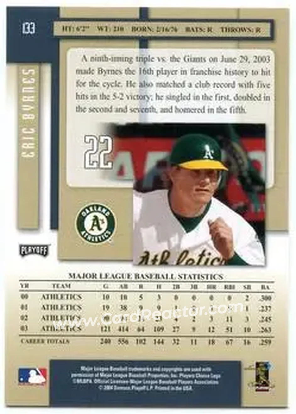 2004 Playoff Prestige #133 - Eric Byrnes - Oakland Athletics - Back