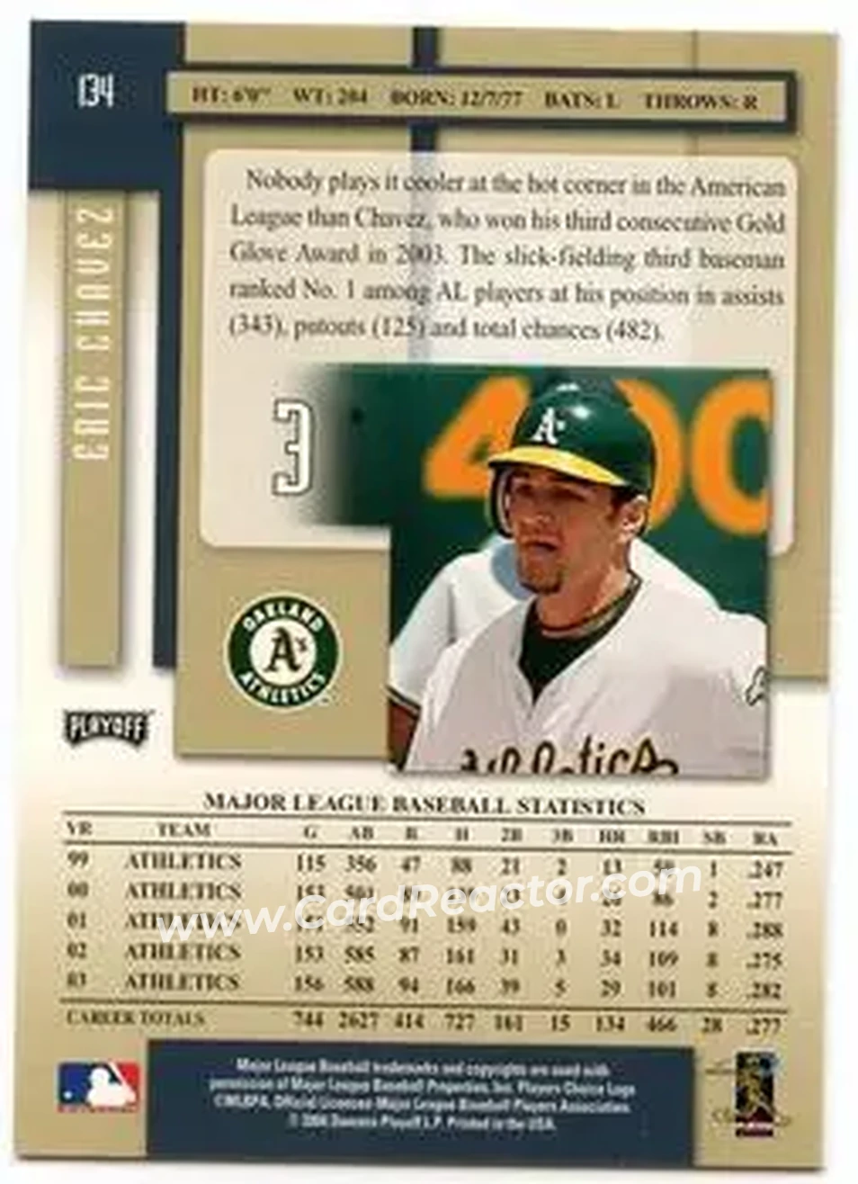 2004 Playoff Prestige #134 - Eric Chavez - Oakland Athletics - Back 2004 Playoff Prestige #134 - Eric Chavez - Oakland Athletics - Back