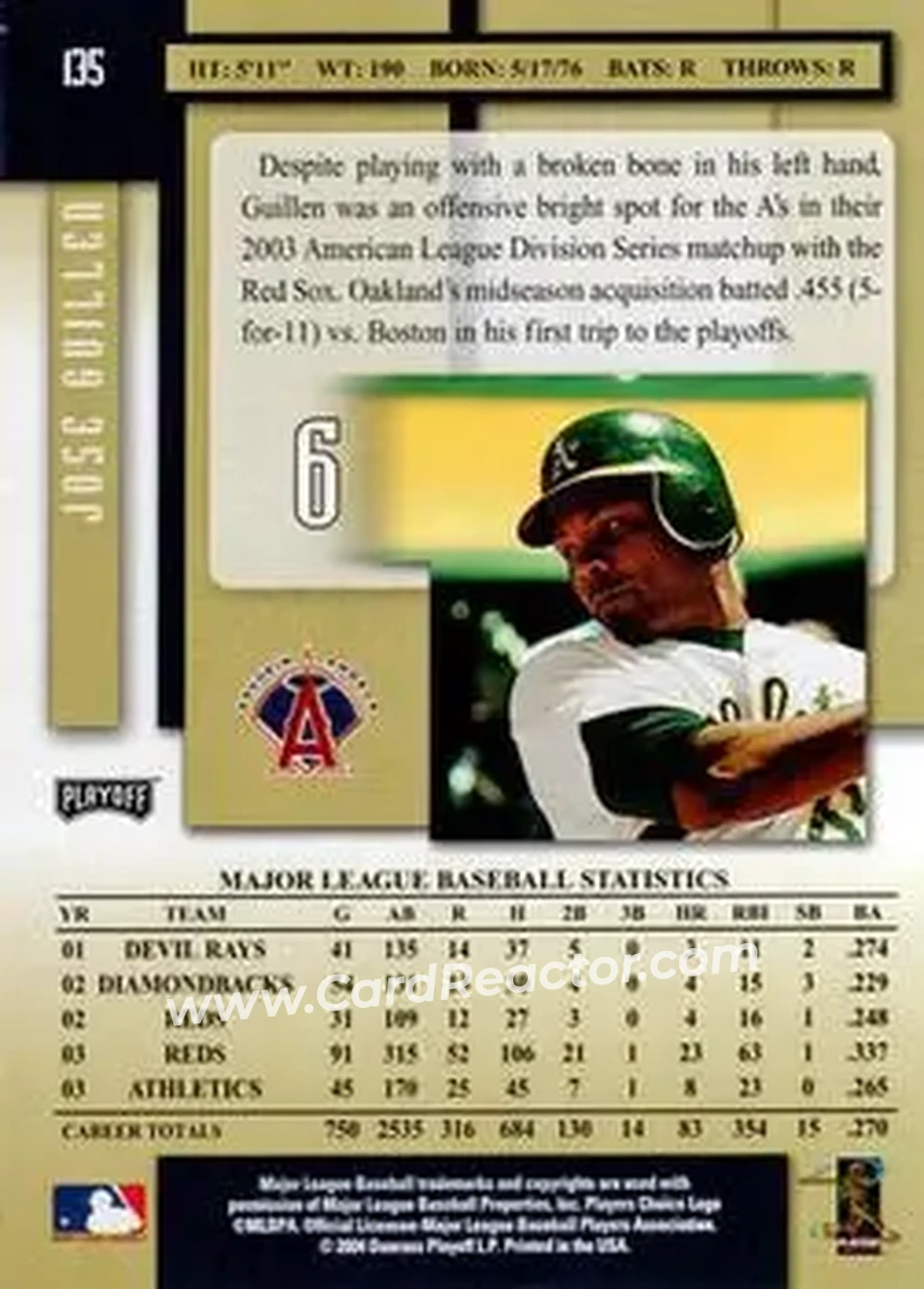 2004 Playoff Prestige #135 - Jose Guillen - Anaheim Angels - Back