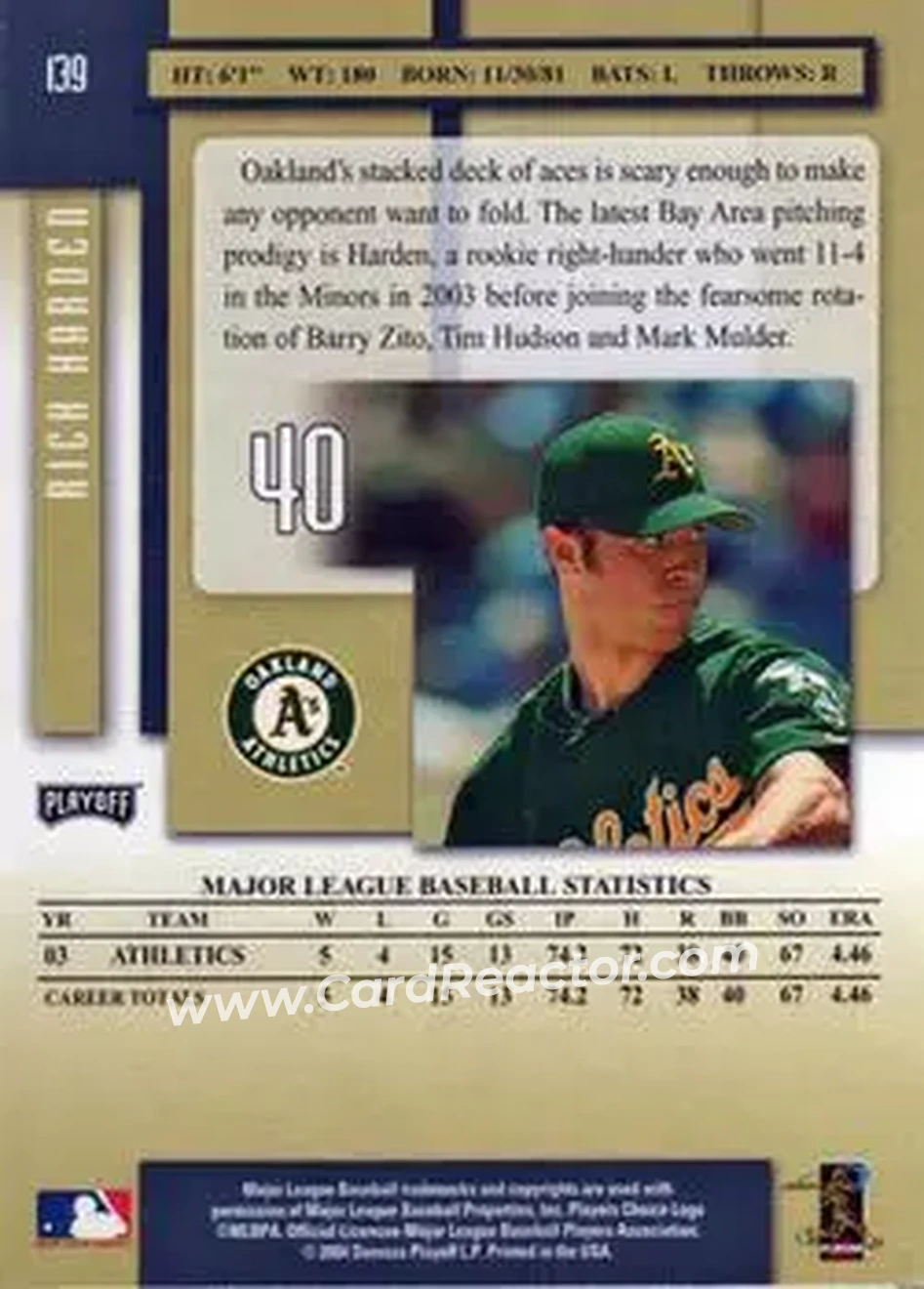 2004 Playoff Prestige #139 - Rich Harden - Oakland Athletics - Back