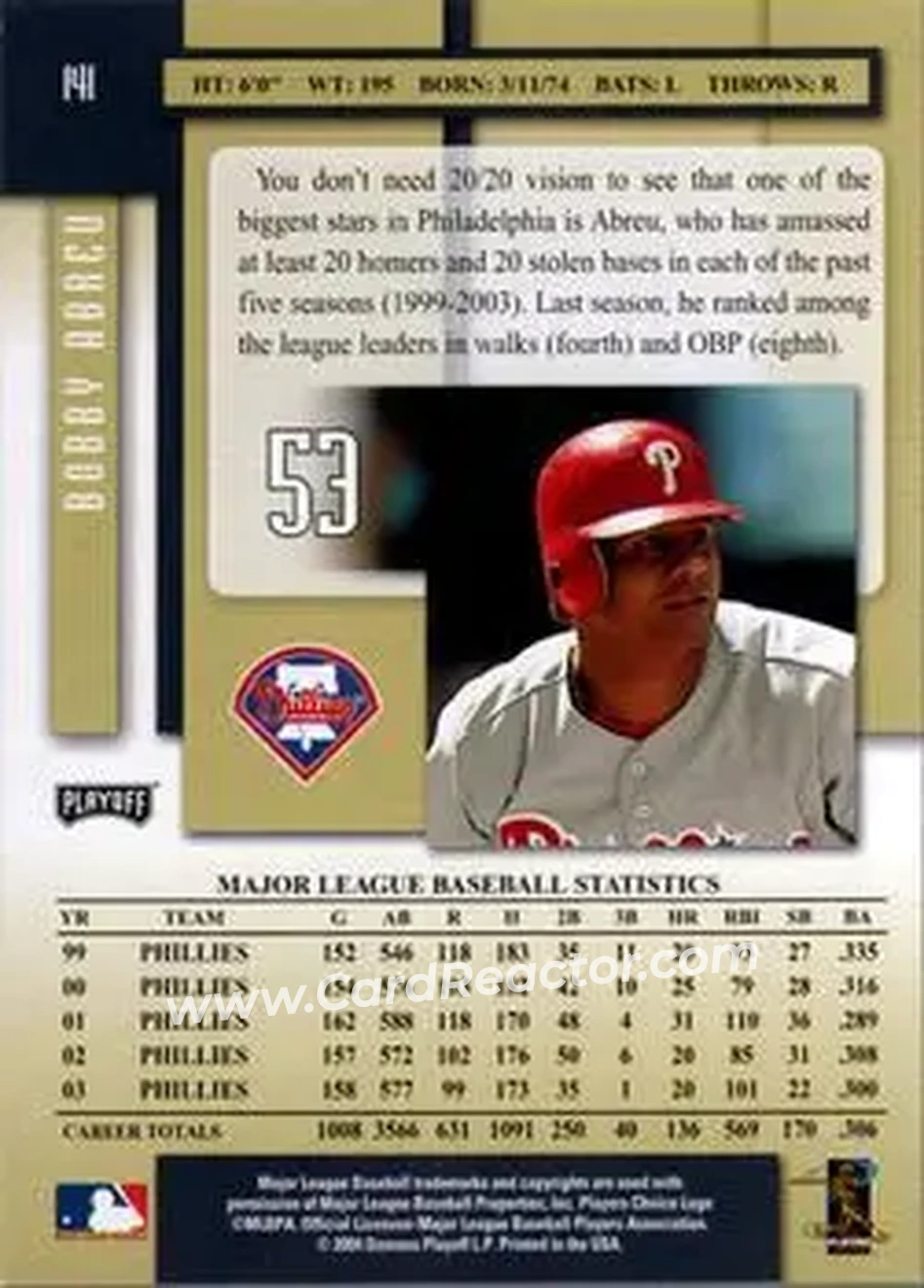 2004 Playoff Prestige #141 - Bob Abreu - Philadelphia Phillies - Back 2004 Playoff Prestige #141 - Bob Abreu - Philadelphia Phillies - Back