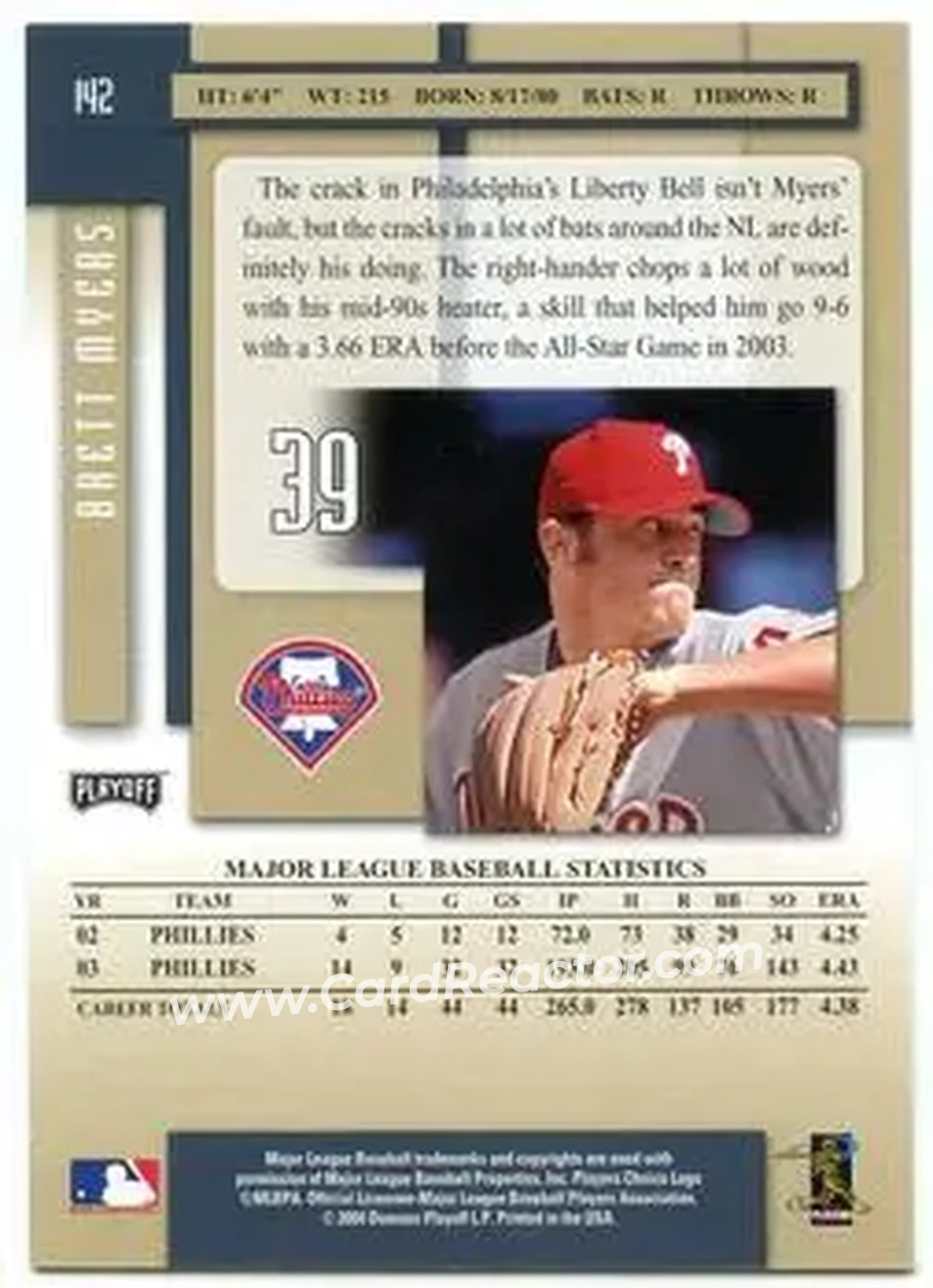2004 Playoff Prestige #142 - Brett Myers - Philadelphia Phillies - Back