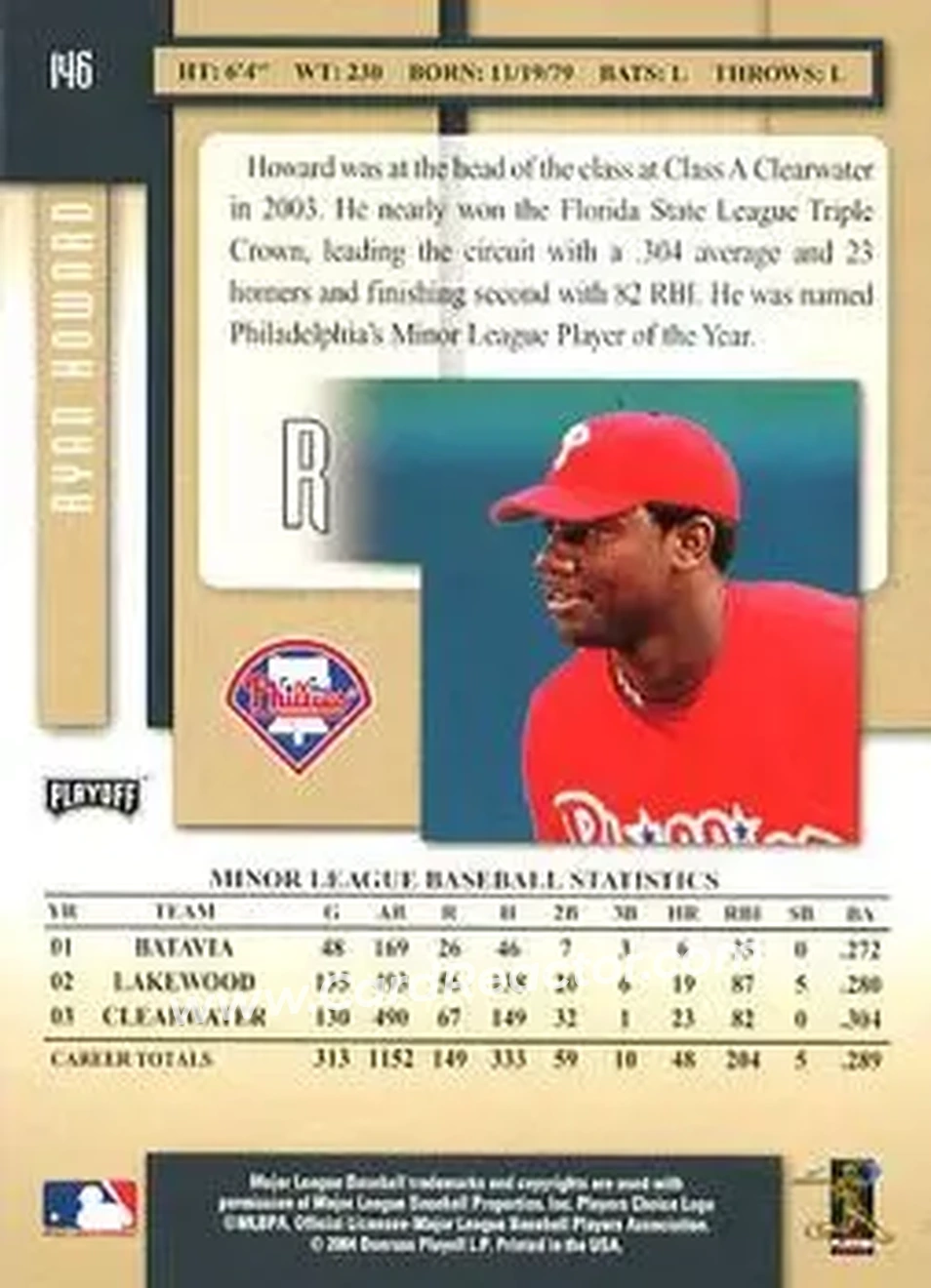 2004 Playoff Prestige #146 - Ryan Howard - Philadelphia Phillies - Back