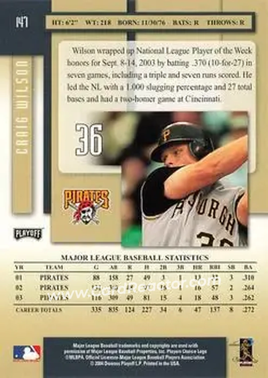 2004 Playoff Prestige #147 - Craig Wilson - Pittsburgh Pirates - Back