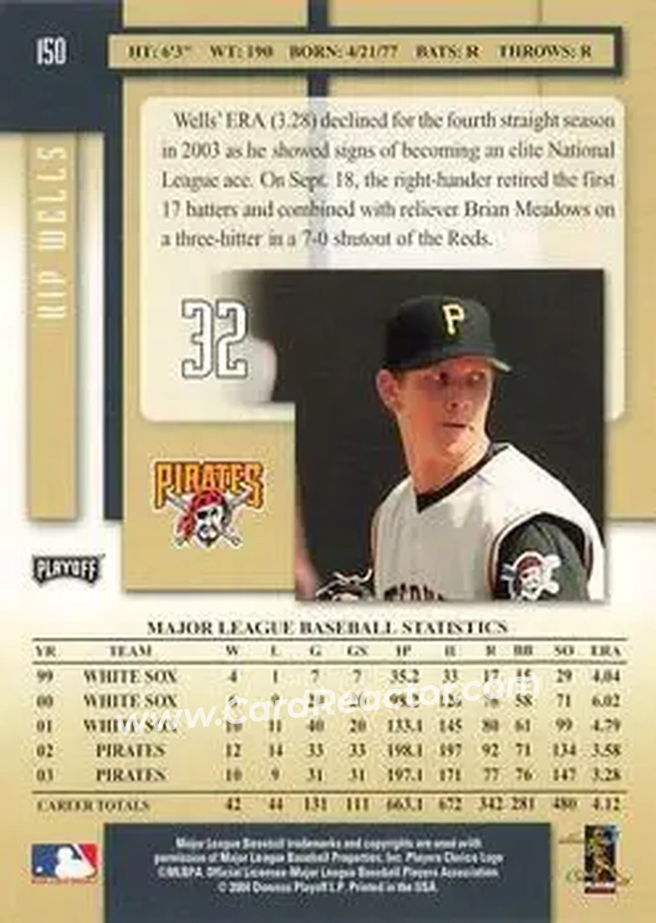 2004 Playoff Prestige #150 - Kip Wells - Pittsburgh Pirates - Back 2004 Playoff Prestige #150 - Kip Wells - Pittsburgh Pirates - Back