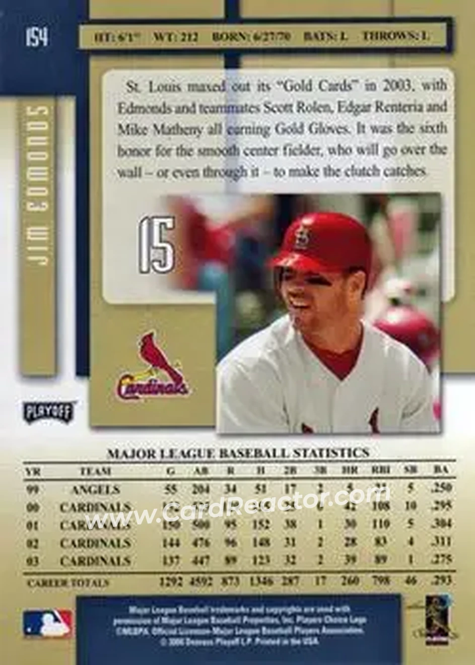 2004 Playoff Prestige #154 - Jim Edmonds - St. Louis Cardinals - Back