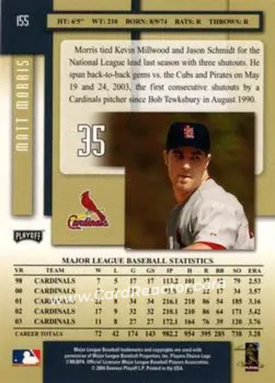 2004 Playoff Prestige #155 - Matt Morris - St. Louis Cardinals - Back